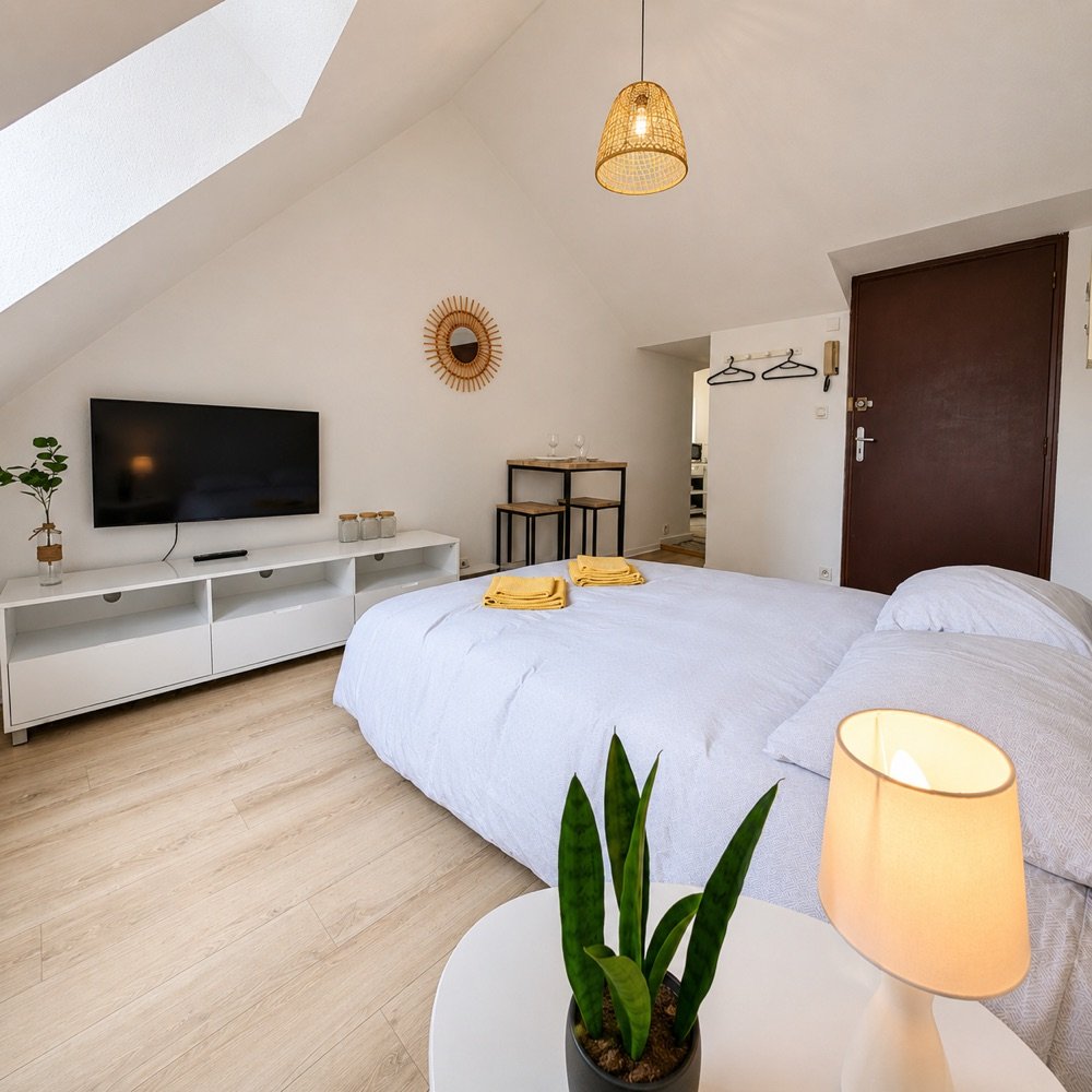 Chambre sous combles lumineuse avec parquet clair, gérée par AJRENTAL à Saint-Brieuc